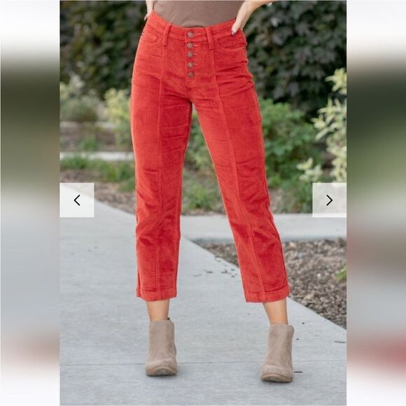 JUDY BLUE RED CORDUROY ANKLE STRAIGHT BUTTON FLY JEANS - Picture 1 of 9